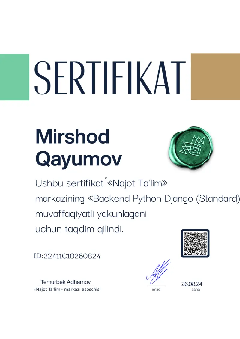 Backend Python Django Bootcamp Certificate